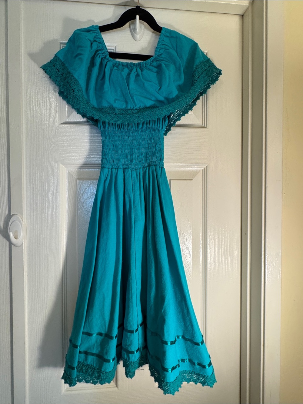 Girls Teal Off-Shoulder Embroidered Casual Dress - Picture 2 of 5